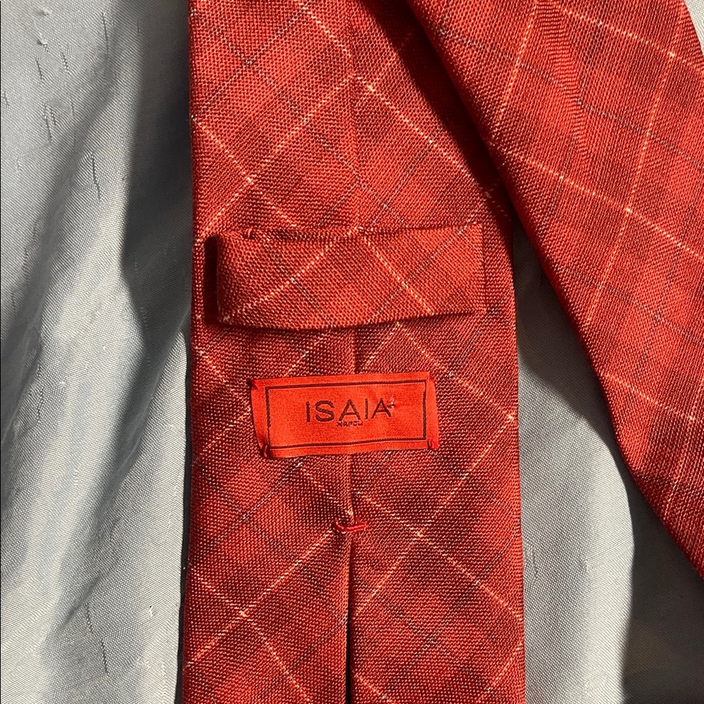 Isaia Burnt Orange Plaid Seven Fold Tie - Picture 2 of 3